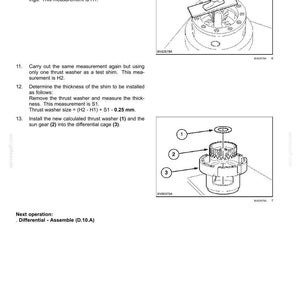 K&ouml;nnte beinhalten: Eine Seite aus einem technischen Handbuch mit dem Titel AXLES, BRAKES AND STEERING - FRONT AXLE. Sie enth&auml;lt zwei Strichzeichnungen, die einen Tiefenmessvorgang und eine Explosionszeichnung einer Anlaufscheibe, eines Sonnenrads und eines Differenzialkorbs.