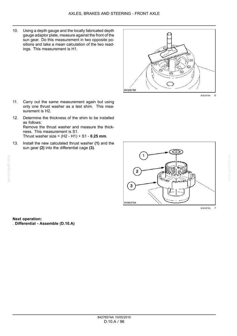 K&ouml;nnte beinhalten: Eine Seite aus einem technischen Handbuch mit dem Titel AXLES, BRAKES AND STEERING - FRONT AXLE. Sie enth&auml;lt zwei Strichzeichnungen, die einen Tiefenmessvorgang und eine Explosionszeichnung einer Anlaufscheibe, eines Sonnenrads und eines Differenzialkorbs.