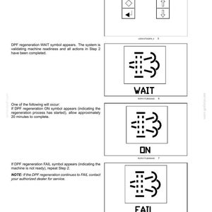 May include: A manual page with control and instrument symbols. The image shows symbols for DPF regeneration, including "WAIT", "ON", and "FAIL", with accompanying instructions.