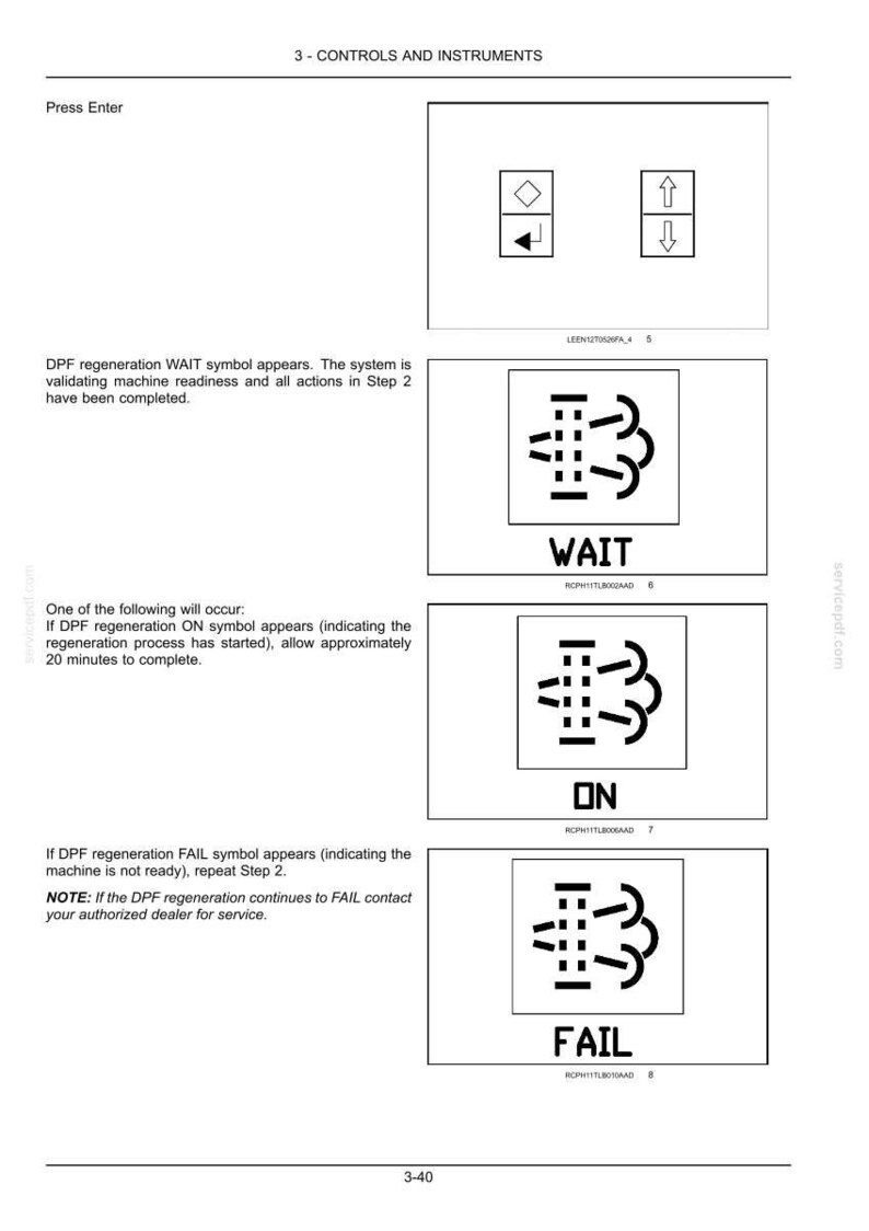 May include: A manual page with control and instrument symbols. The image shows symbols for DPF regeneration, including "WAIT", "ON", and "FAIL", with accompanying instructions.