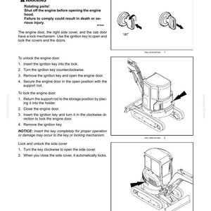 Op de afbeelding: Diagram van de toegangscompartimenten en deuren van een machine, met instructies voor het vergrendelen en ontgrendelen. Bevat een waarschuwing over draaiende onderdelen en de noodzaak om de motor uit te schakelen. Illustraties van sleutelmechanismen.