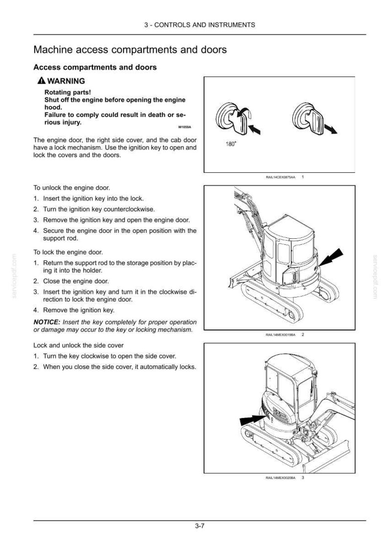 Op de afbeelding: Diagram van de toegangscompartimenten en deuren van een machine, met instructies voor het vergrendelen en ontgrendelen. Bevat een waarschuwing over draaiende onderdelen en de noodzaak om de motor uit te schakelen. Illustraties van sleutelmechanismen.