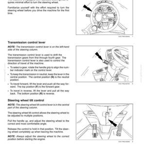 May include: Diagram of a vehicle's steering column controls, including the steering wheel, transmission control lever, and steering wheel tilt control. The image provides instructions and diagrams for operating these components.