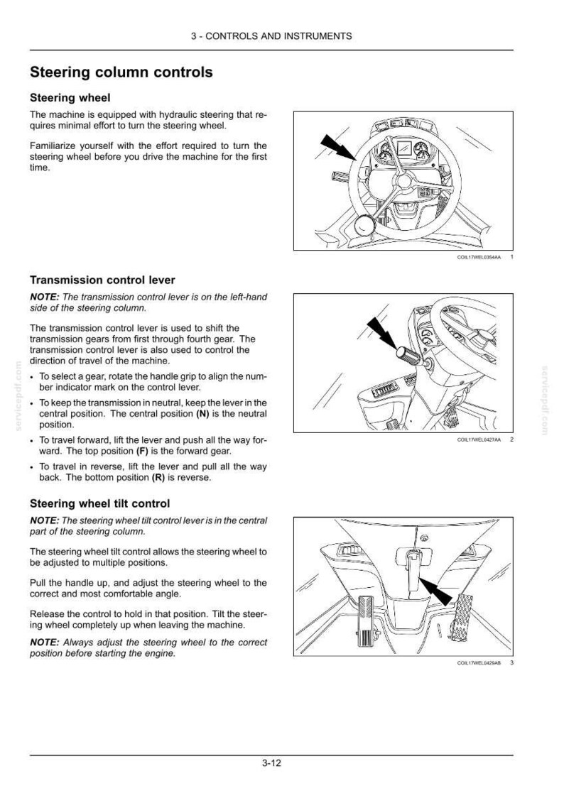 May include: Diagram of a vehicle's steering column controls, including the steering wheel, transmission control lever, and steering wheel tilt control. The image provides instructions and diagrams for operating these components.
