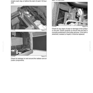 May include: A grayscale image from a manual, detailing engine maintenance procedures. The text includes instructions for checking the radiator, oil cooler, fan, and alternator drive belt. Figures 14, 15, and 16 are referenced.