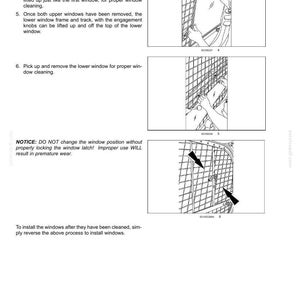 May include: A technical manual page titled 7 - MAINTENANCE featuring three black and white line drawings illustrating window removal steps. Text includes instructions for cleaning, a notice about locking window latches, and installation steps.