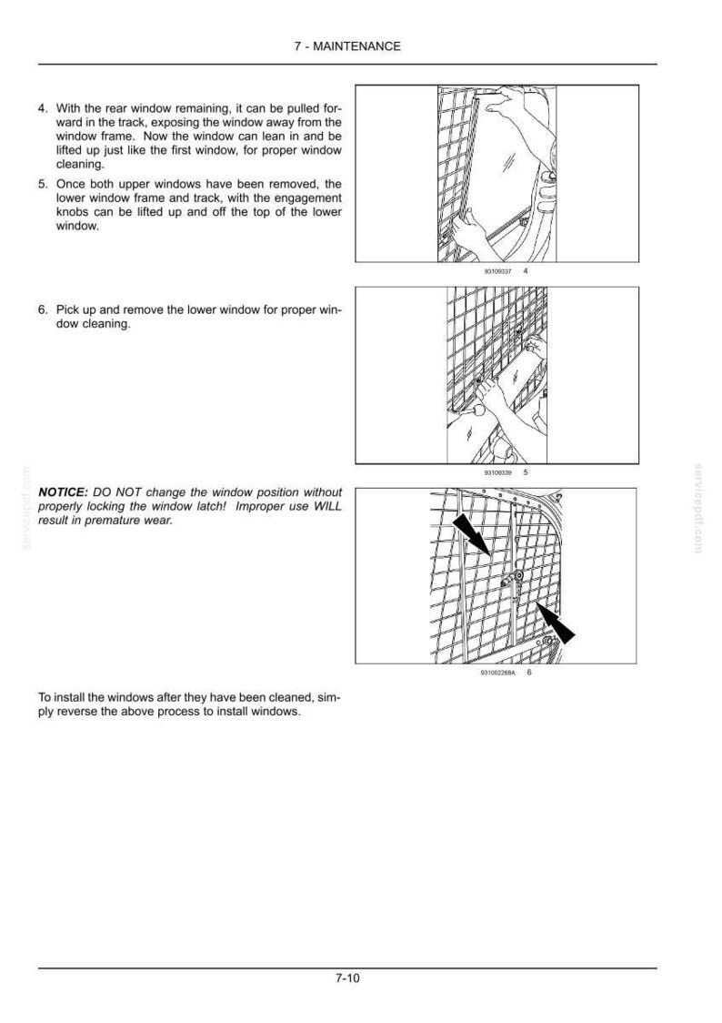 May include: A technical manual page titled 7 - MAINTENANCE featuring three black and white line drawings illustrating window removal steps. Text includes instructions for cleaning, a notice about locking window latches, and installation steps.