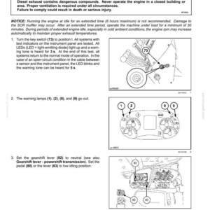 May include: Diagram of operating instructions for starting an engine. The image includes warnings about toxic gas and diesel exhaust. It shows steps with numbered diagrams, including key switch, warning lamps, and gearshift lever positions.