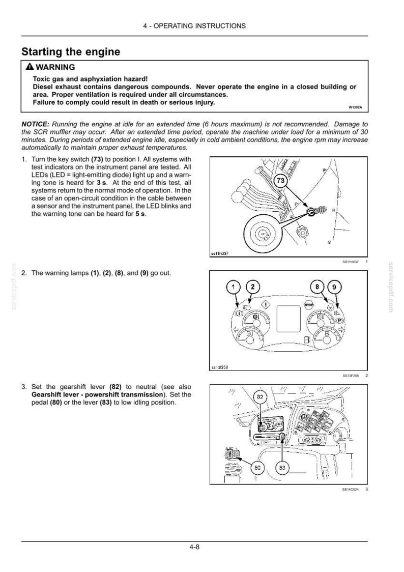 May include: Diagram of operating instructions for starting an engine. The image includes warnings about toxic gas and diesel exhaust. It shows steps with numbered diagrams, including key switch, warning lamps, and gearshift lever positions.