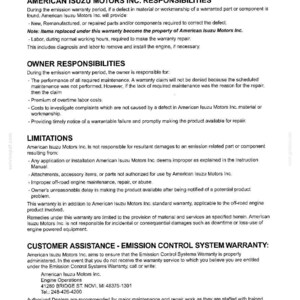 May include: A black and white document titled 10. REFERENCE, detailing the Limitations and Responsibilities of the American Isuzu Motors Inc. emission warranty. It outlines owner duties, warranty coverage, and contact information for customer assistance.