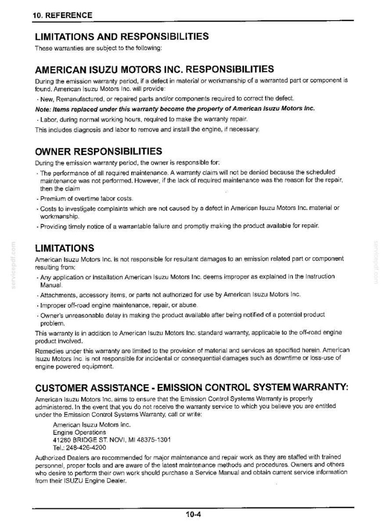 May include: A black and white document titled 10. REFERENCE, detailing the Limitations and Responsibilities of the American Isuzu Motors Inc. emission warranty. It outlines owner duties, warranty coverage, and contact information for customer assistance.