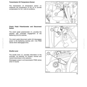 May include: Page from a manual detailing transmission systems. Diagrams show components like the transmission oil temperature sensor, clutch pedal potentiometer, and shuttle lever. Text explains the function of each part, with numbered labels for reference.