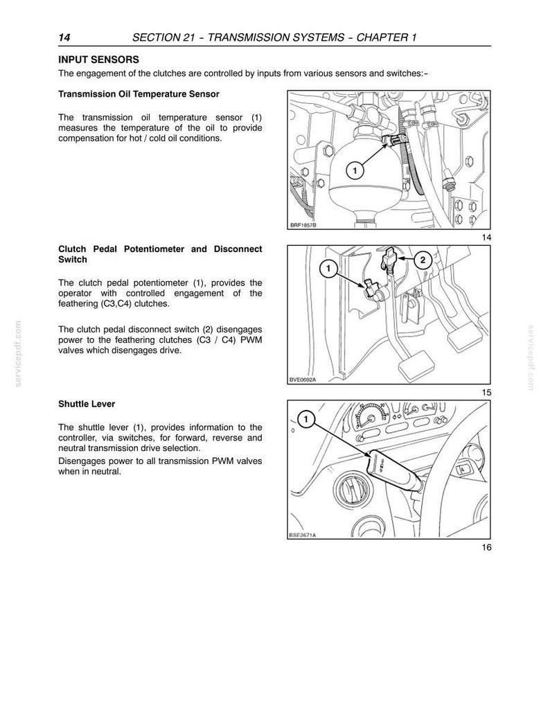 May include: Page from a manual detailing transmission systems. Diagrams show components like the transmission oil temperature sensor, clutch pedal potentiometer, and shuttle lever. Text explains the function of each part, with numbered labels for reference.