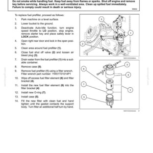 May include: A technical maintenance manual page titled Fuel pre-filter, featuring a warning box about flammable fuel vapors, a numbered 14-step instructional list for replacement, and two black and white diagrams illustrating the filter assembly components.