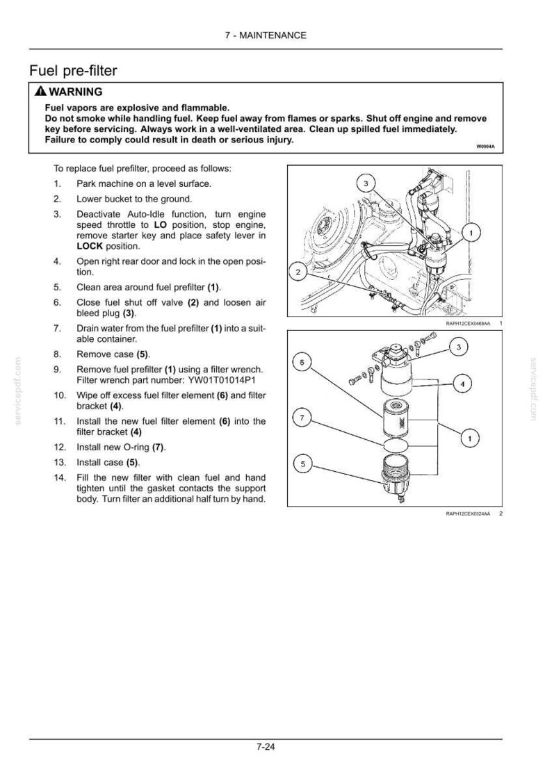 May include: A technical maintenance manual page titled Fuel pre-filter, featuring a warning box about flammable fuel vapors, a numbered 14-step instructional list for replacement, and two black and white diagrams illustrating the filter assembly components.