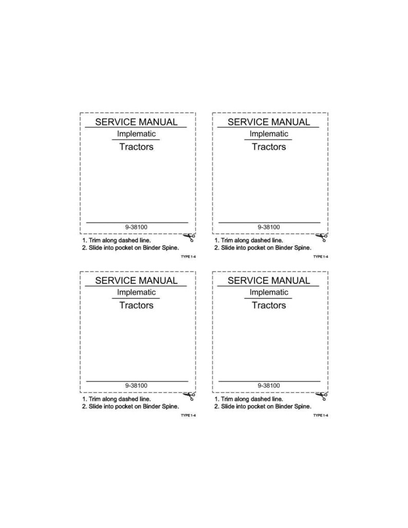 May include: Four white rectangular service manual covers with the text "SERVICE MANUAL Implematic Tractors" and the number "9-38100". Instructions are printed below the text. The image is on a white background.