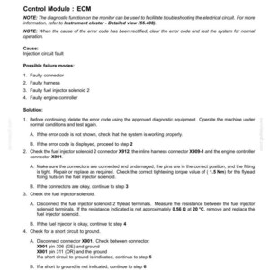 May include: Diagnostic document detailing fault codes for an electrical system. The text describes troubleshooting steps for a cylinder 2 injector issue, including connector checks and resistance measurements. The document includes diagrams and technical specifications.