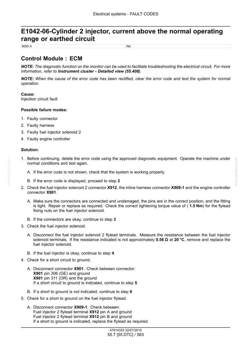 May include: Diagnostic document detailing fault codes for an electrical system. The text describes troubleshooting steps for a cylinder 2 injector issue, including connector checks and resistance measurements. The document includes diagrams and technical specifications.