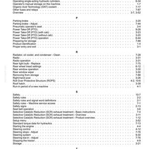 May include: A page from a technical manual index featuring alphabetical entries from N to T, including topics like parking brake, radiator, safety rules, steering control, and three-point hitch, with corresponding page numbers listed on the right.