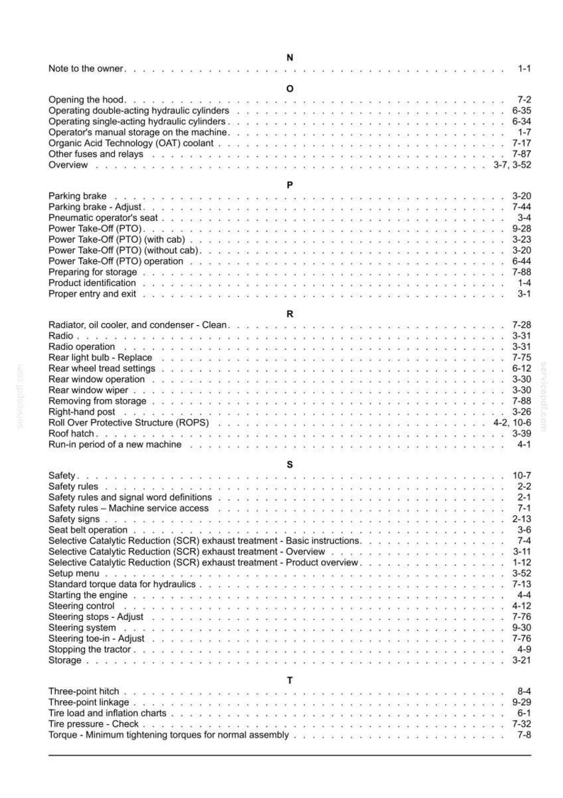 May include: A page from a technical manual index featuring alphabetical entries from N to T, including topics like parking brake, radiator, safety rules, steering control, and three-point hitch, with corresponding page numbers listed on the right.