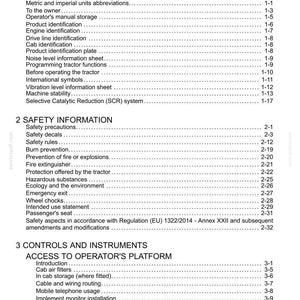 K&ouml;nnte beinhalten: Eine schwarz-wei&szlig; gedruckte Inhaltsverzeichnisseite f&uuml;r ein Traktor-Bedienungshandbuch. Der Text ist in drei Hauptabschnitte unterteilt: Allgemeine Informationen, Sicherheitsinformationen sowie Bedienelemente und Instrumente mit Seitenzahlen.