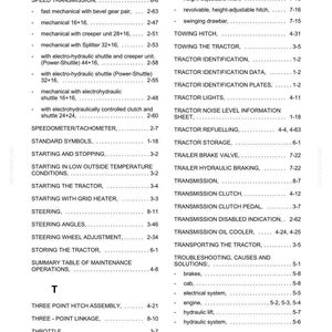 May include: A black and white printed page titled SECTION 9 - INDEX, listing technical tractor components and maintenance topics alphabetically from Speed Transmission to Tyres, with corresponding section and page numbers for reference.