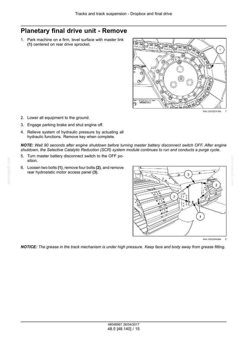 May include: Diagram of a planetary final drive unit removal process. The image includes detailed illustrations of mechanical components, numbered for reference, and instructions for disassembly. Text includes safety notices and operational steps.