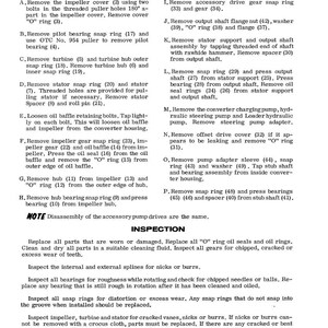 May include: A detailed technical diagram with instructions for disassembling a converter and accessory drive. The text includes steps for removing various components like snap rings, bearings, and flanges. The diagram also includes an inspection section.