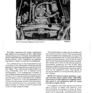 May include: A technical document page titled LOADER OPERATION featuring a black and white diagram of a hydrostatic transmission system labeled FIGURE 13, with text explaining the operation of L-450 series loaders and transmission pump controls.