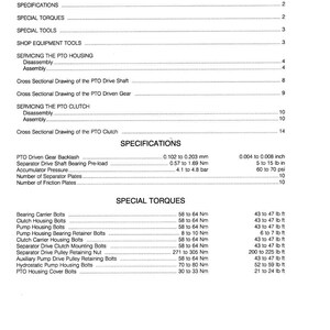 May include: A technical document with a table of contents and specifications. It details special torques, tools, and servicing procedures. Measurements are given in both metric and imperial units, including cm and inches.