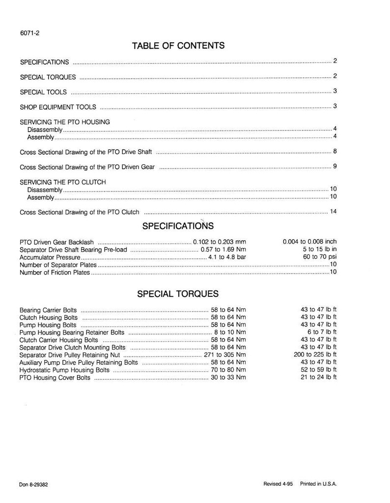 May include: A technical document with a table of contents and specifications. It details special torques, tools, and servicing procedures. Measurements are given in both metric and imperial units, including cm and inches.