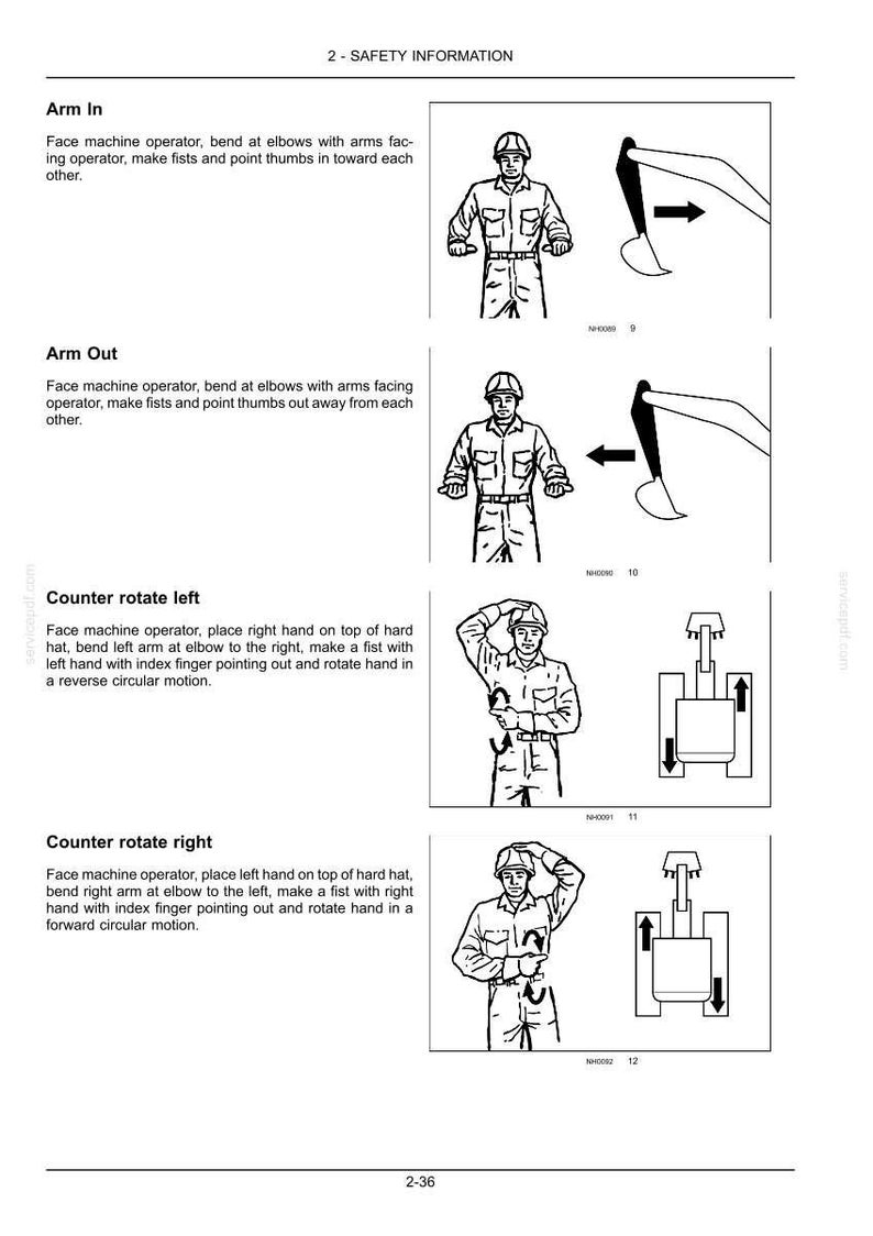 May include: A safety information document page featuring four black and white line art illustrations of hand signals for heavy machinery operation. Each section includes text instructions for Arm In, Arm Out, Counter rotate left, and Counter rotate right.