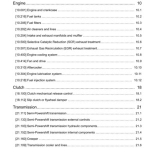 May include: A page from a manual titled "Contents" with a list of engine, clutch, transmission, and four-wheel drive system components. The document includes section numbers and page numbers.