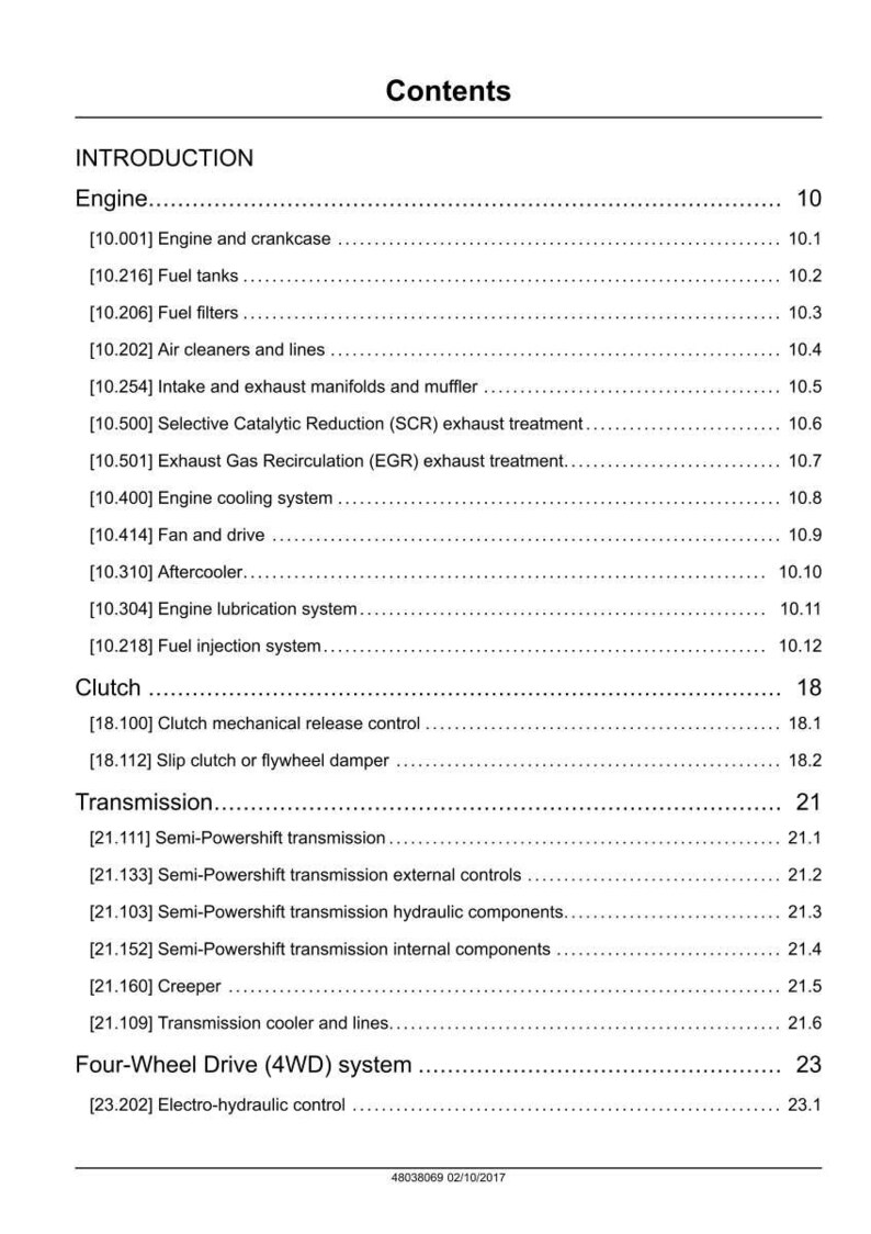 May include: A page from a manual titled "Contents" with a list of engine, clutch, transmission, and four-wheel drive system components. The document includes section numbers and page numbers.