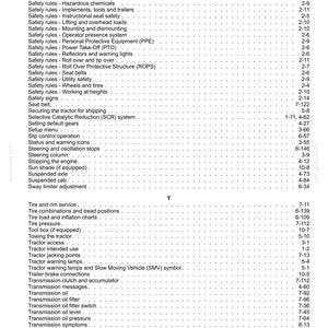 May include: A black and white printed table of contents page from a technical manual, featuring a list of safety rules, tractor operation topics, and maintenance procedures with corresponding page numbers arranged in two columns.