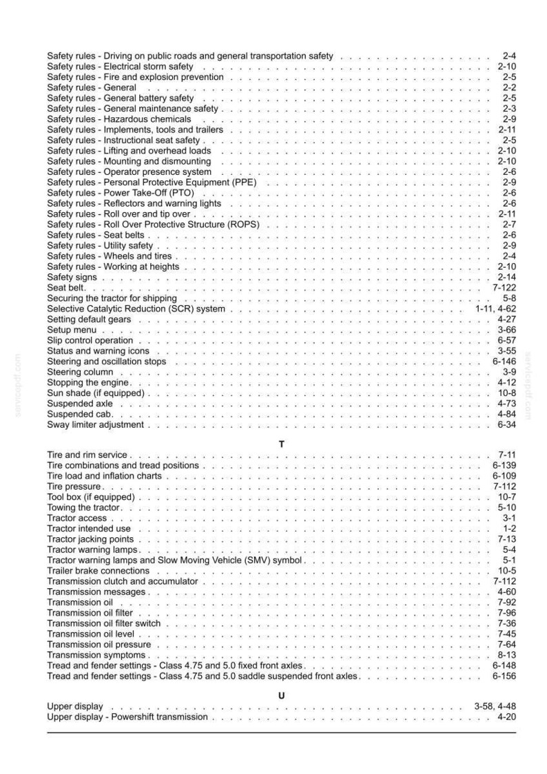 May include: A black and white printed table of contents page from a technical manual, featuring a list of safety rules, tractor operation topics, and maintenance procedures with corresponding page numbers arranged in two columns.