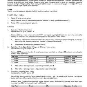 May include: A diagnostic document detailing a 3031-Oil Pressure Sensor hardware error. The document includes context, possible causes, and solutions for troubleshooting the issue. It features tables with test types, pin locations, and expected voltage results.