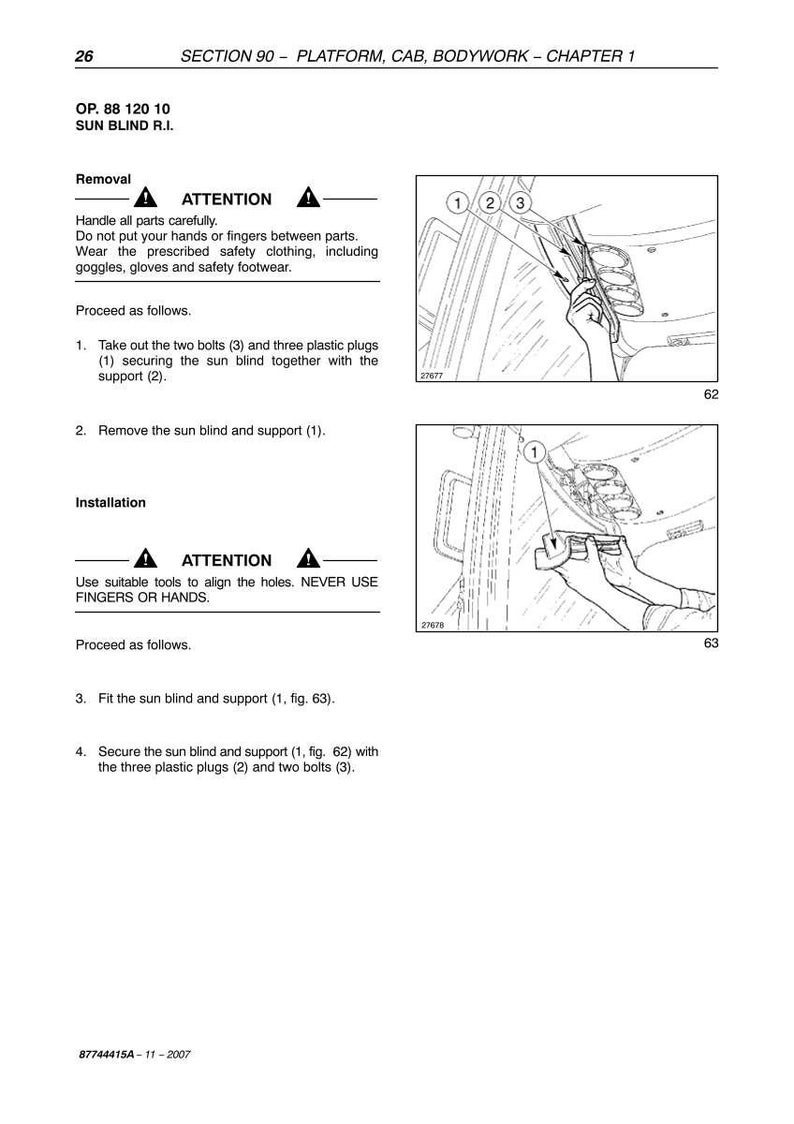 May include: Page from a manual detailing the removal and installation of a sun blind. The text includes safety warnings and numbered steps with diagrams. The diagrams show the sun blind and its components.