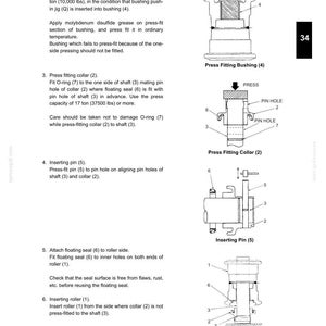 May include: A technical manual page titled 34. TRAVEL SYSTEM featuring black and white line drawings and instructions for mechanical assembly. Diagrams illustrate press fitting a bushing, collar, inserting a pin, and attaching a roller with numbered parts.