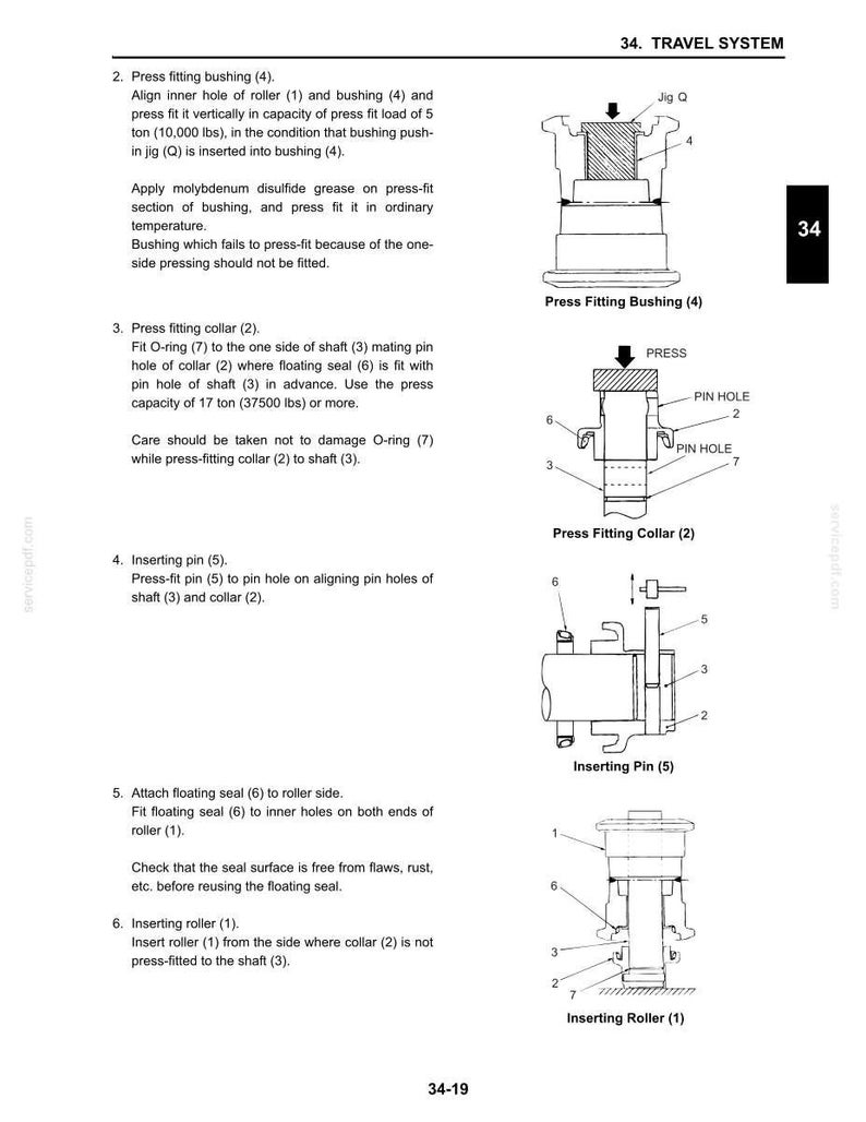 May include: A technical manual page titled 34. TRAVEL SYSTEM featuring black and white line drawings and instructions for mechanical assembly. Diagrams illustrate press fitting a bushing, collar, inserting a pin, and attaching a roller with numbered parts.