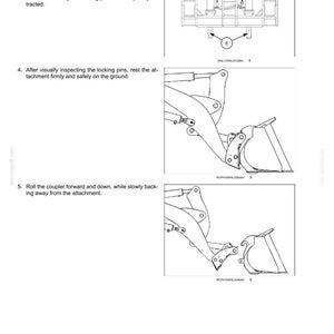 May include: Diagram illustrating the working operations of an ACS Compatible Coupler. The image shows the coupler, locking pins, and locking cylinder with numbered labels. Instructions include retracting pins, positioning the cylinder, and rolling the coupler.