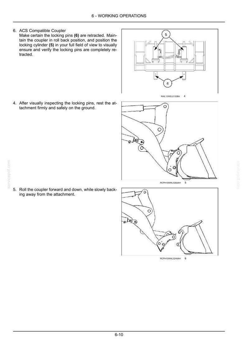 May include: Diagram illustrating the working operations of an ACS Compatible Coupler. The image shows the coupler, locking pins, and locking cylinder with numbered labels. Instructions include retracting pins, positioning the cylinder, and rolling the coupler.