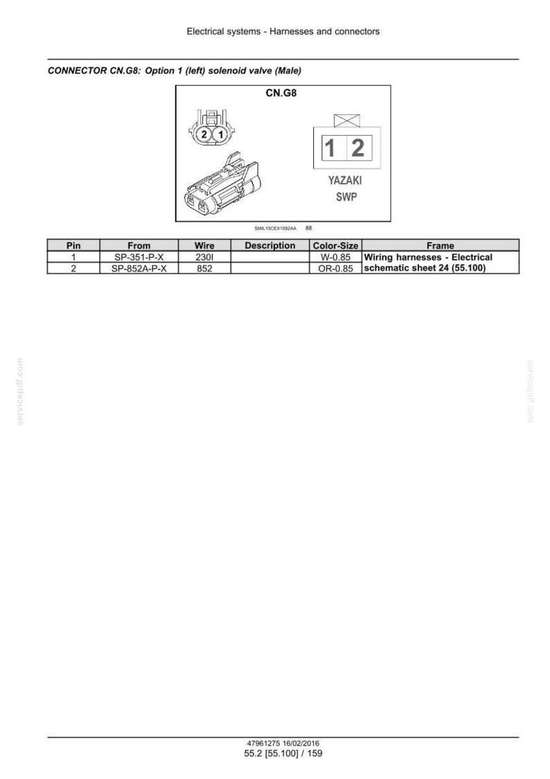 May include: Diagram of an electrical connector, labelled CN.G8, with a solenoid valve. Includes a table detailing pin, wire, description, colour-size, and frame information. The text "YAZAKI SWP" is also present.