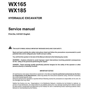 以下が含まれることがあります： WX145、WX165、WX185の型番が記載された、油圧ショベルの白いサービスマニュアル。マニュアルには安全に関する警告と重要な通知が含まれています。