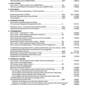Pode incluir: Uma tabela de conte&uacute;dos de um manual de servi&ccedil;o e treinamento para tratores CS100, CS110, CS120, CS130 e CS150. O documento inclui se&ccedil;&otilde;es sobre o motor, sistema de combust&iacute;vel, componentes el&eacute;tricos, dire&ccedil;&atilde;o, transmiss&atilde;o e sistemas hidr&aacute;ulicos.