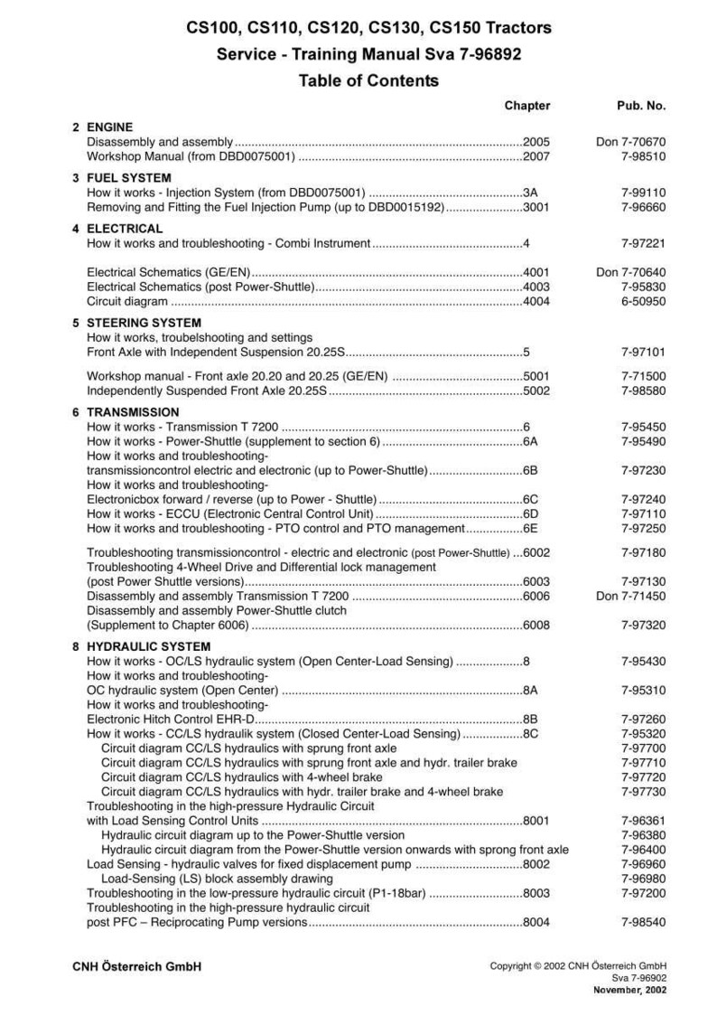 Pode incluir: Uma tabela de conte&uacute;dos de um manual de servi&ccedil;o e treinamento para tratores CS100, CS110, CS120, CS130 e CS150. O documento inclui se&ccedil;&otilde;es sobre o motor, sistema de combust&iacute;vel, componentes el&eacute;tricos, dire&ccedil;&atilde;o, transmiss&atilde;o e sistemas hidr&aacute;ulicos.