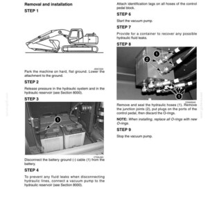 May include: A technical service manual page titled PILOT FUNCTION BLOCKS, detailing the removal and installation of a travel pedal block. It includes a line drawing of an excavator, photographs of battery cables and hydraulic hoses, and numbered steps.
