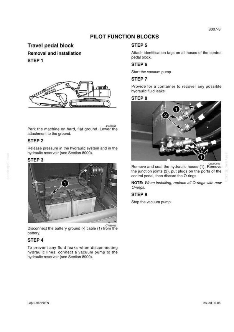 May include: A technical service manual page titled PILOT FUNCTION BLOCKS, detailing the removal and installation of a travel pedal block. It includes a line drawing of an excavator, photographs of battery cables and hydraulic hoses, and numbered steps.