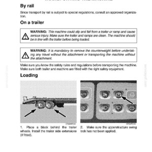 May include: A page from an operating manual with the title "TRANSPORTING THE MACHINE." It includes safety warnings, diagrams of a trailer and control panel, and instructions for loading the machine.