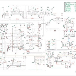 May include: A detailed hydraulic schematic for a CX210C excavator, featuring a complex network of lines, circles, and symbols in black, red, and blue on a white background. The diagram includes text and labels, with a legend on the right side. The title "CX210C EXCAVATOR HYDRAULIC SCHEMATIC" is visible.